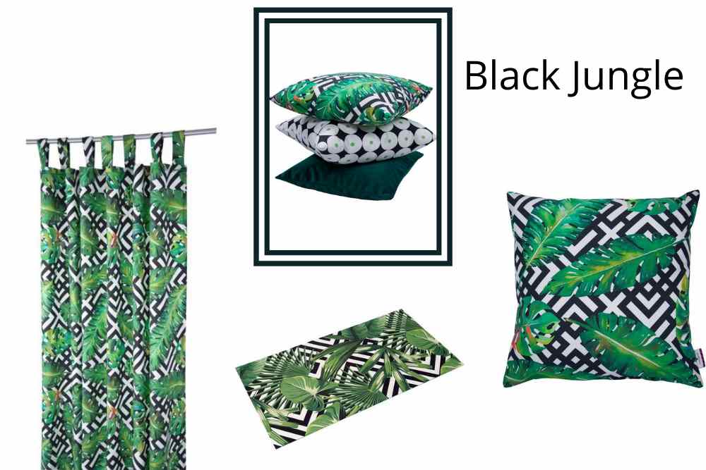 Vloerkleed, gordijnen, kussens, black jungle