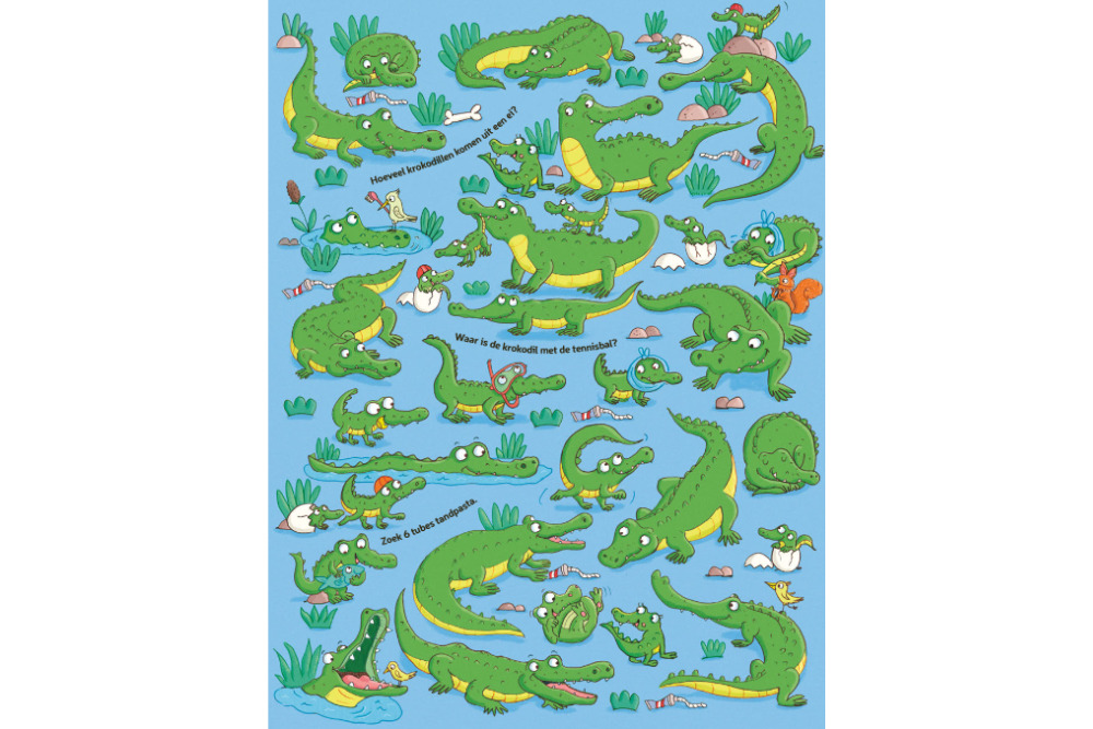 Een bladzijde met krokodillen uit het vrolijke dieren tel- en zoekboek