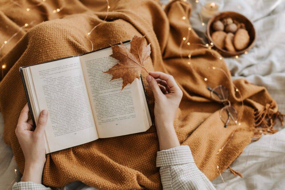 Herfst: met een boek op de bank, onder een dekentje.