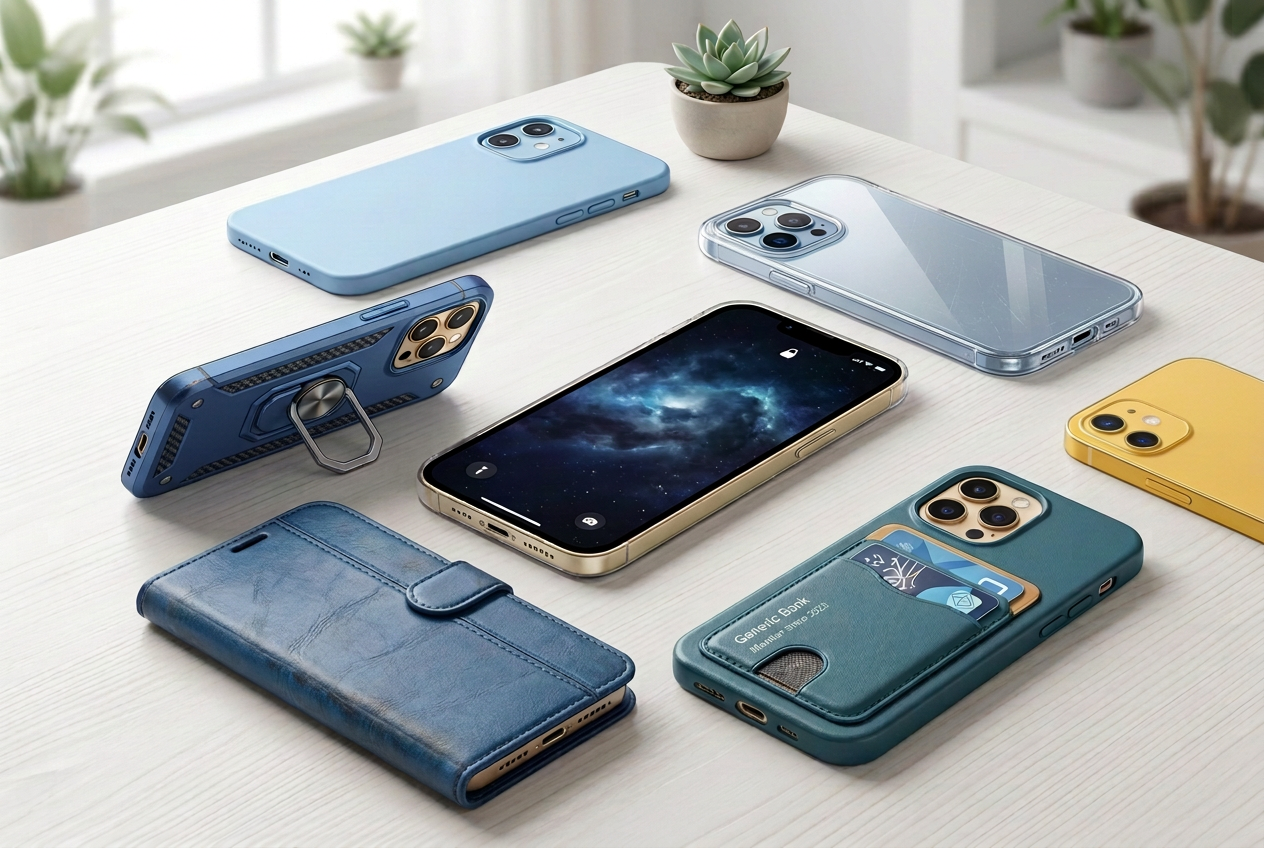 Illustration of phone cases labeled Ultra-Slim, Transparent, Standard, Bookcase, and a wallet-style case